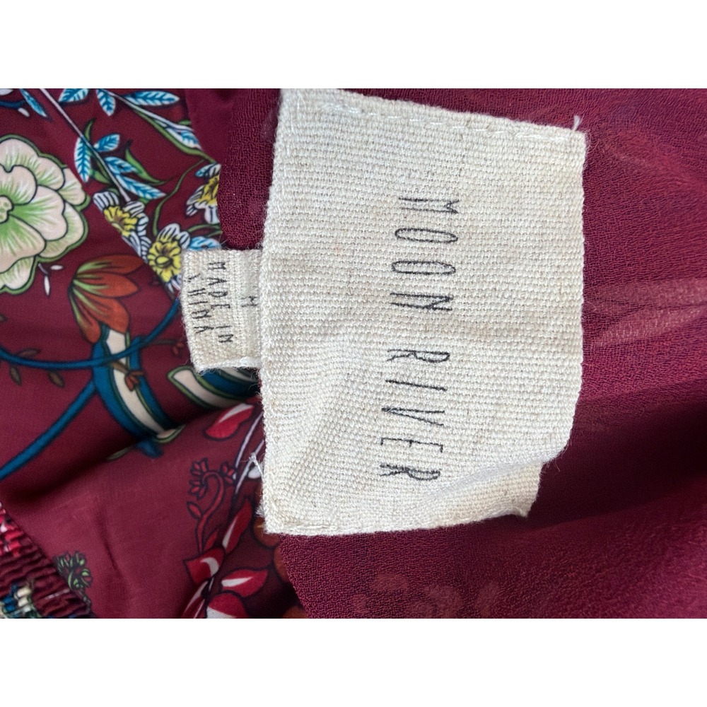 Moon River Calla Burgundy Floral Print Smocked Tiered Mini Dress MR1817 Medium - Picture 6 of 11